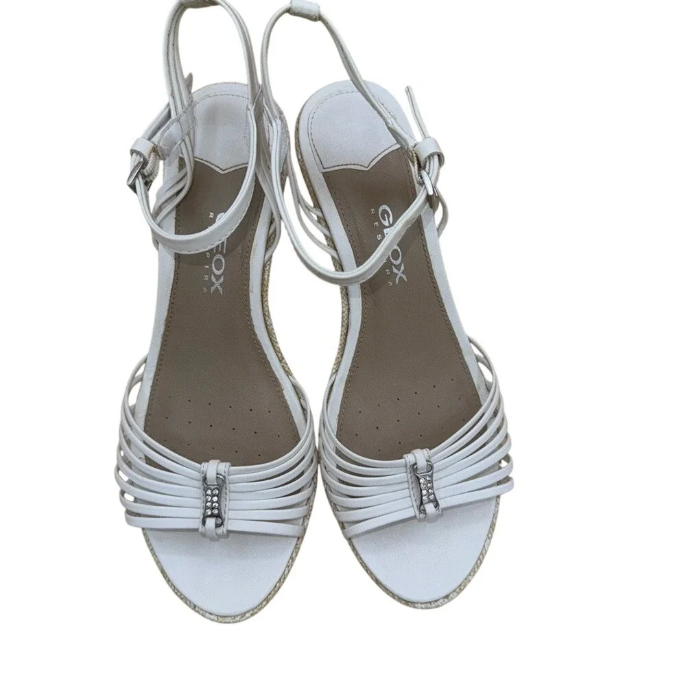 Geox‎ Respira White Leather Wedge Sandals with Rhinestone accent, Women's 6, EUC